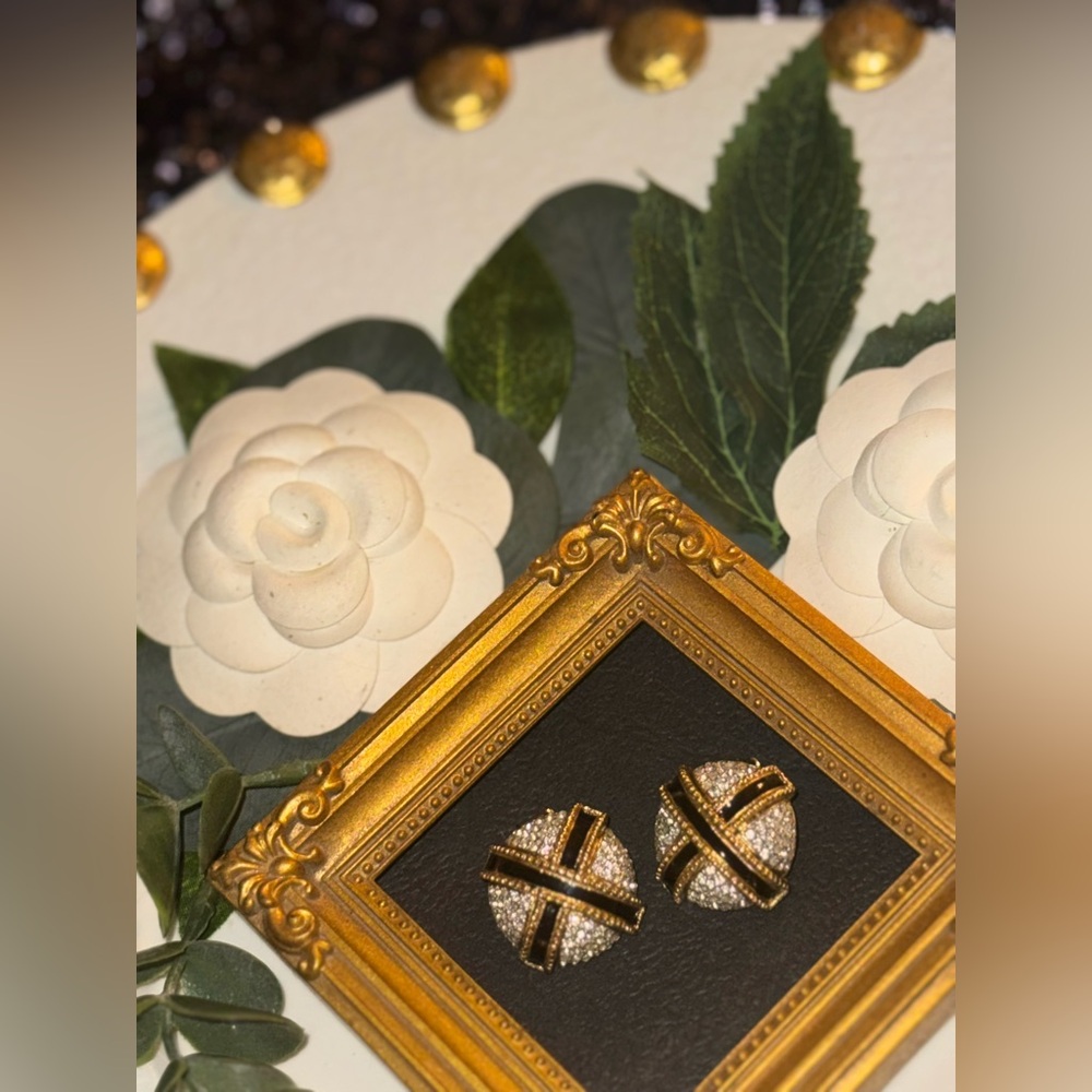 Elegant Gold-tone Clip on Earrings With Black Enamel X And Crystals - Picture 11 of 16